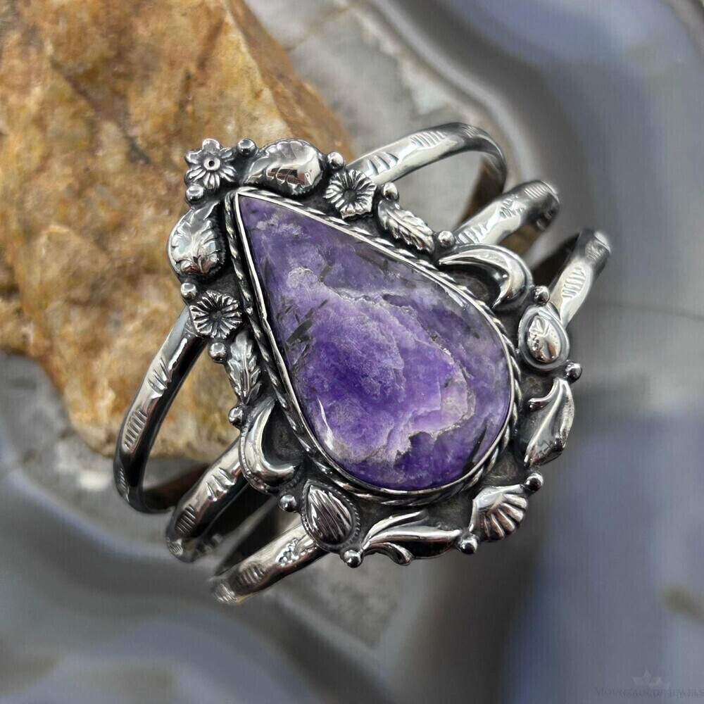 Sterling Southwestern Style Large Teardrop Charoite Decorated Bracelet For Women